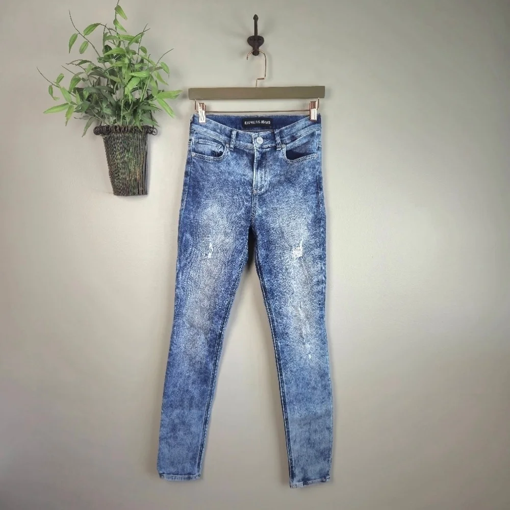 Express 2 High Rise Legging Light Blue Acid Wash Skinny Distressed Jegging Jeans